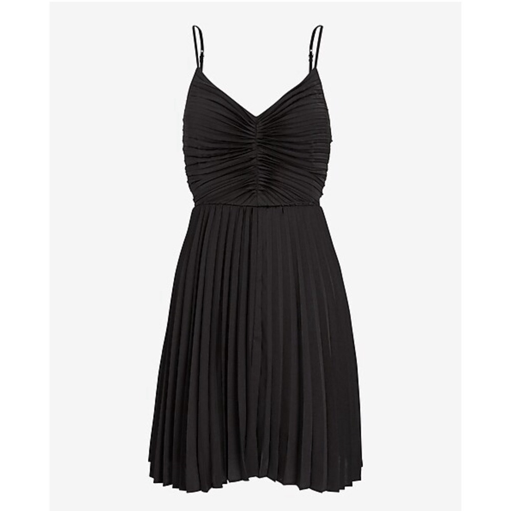 NWT Express V-Neck Pleated Mini Dress Black Size Medium Lined